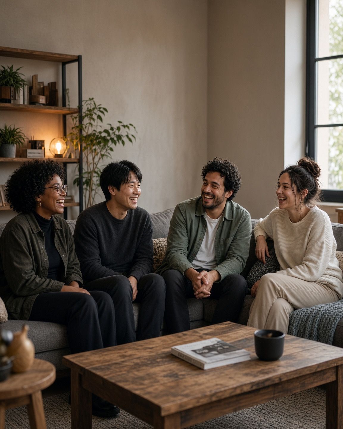 Founders in conversation, window light