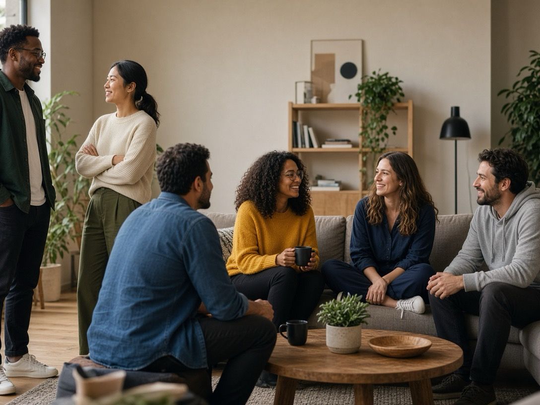 Founders standing and seated in conversation